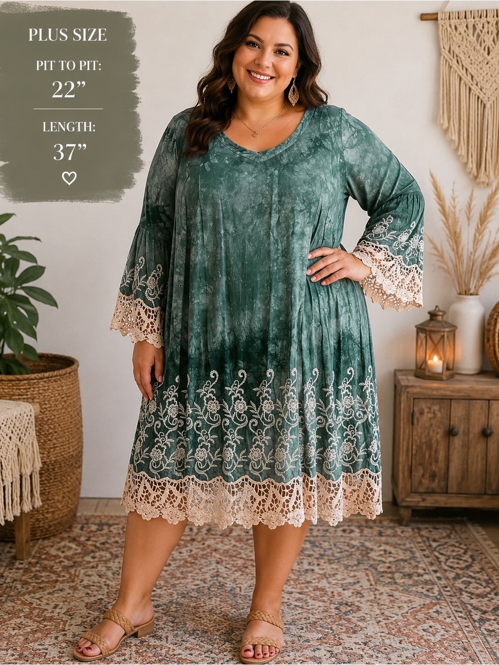 Cato Green Tie-Dye Lace-Trim Plus Size Dress
